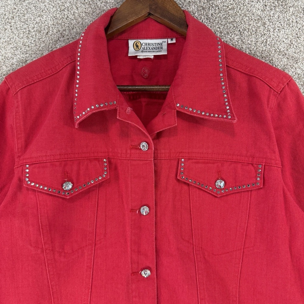 Christine‎ Alexander Red Embellished Rhinestone Denim Jacket M Rodeo Western - Picture 2 of 11